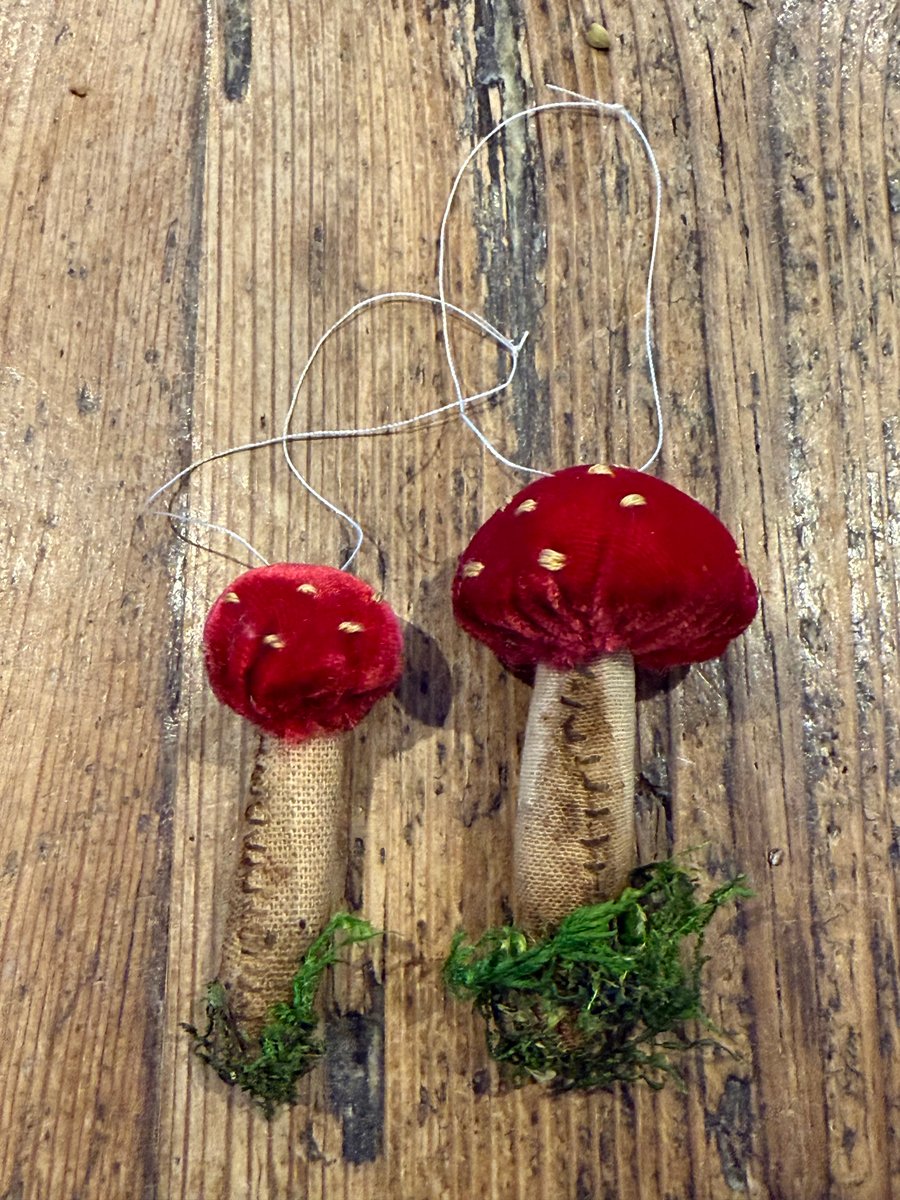 2 Red Handmade Silk Velvet Toadstools Mushroom Ornaments