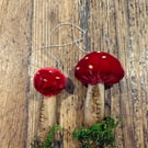 2 Red Handmade Silk Velvet Toadstools Mushroom Ornaments