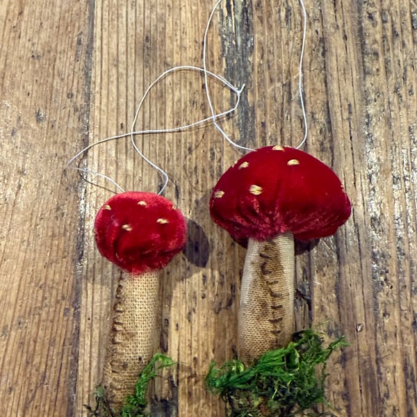 2 Red Handmade Silk Velvet Toadstools Mushroom Ornaments