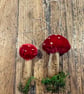 2 Red Handmade Silk Velvet Toadstools Mushroom Ornaments