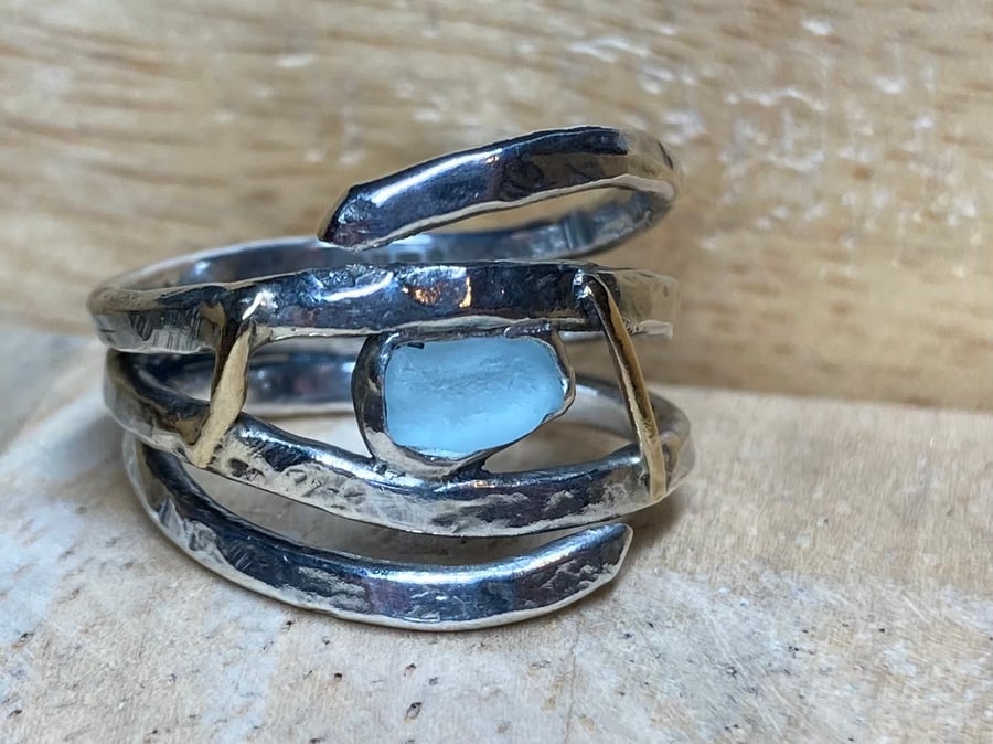 Handmade Sterling, Fine Silver & 9ct Gold Textured Ring with Blue Welsh SeaGlass