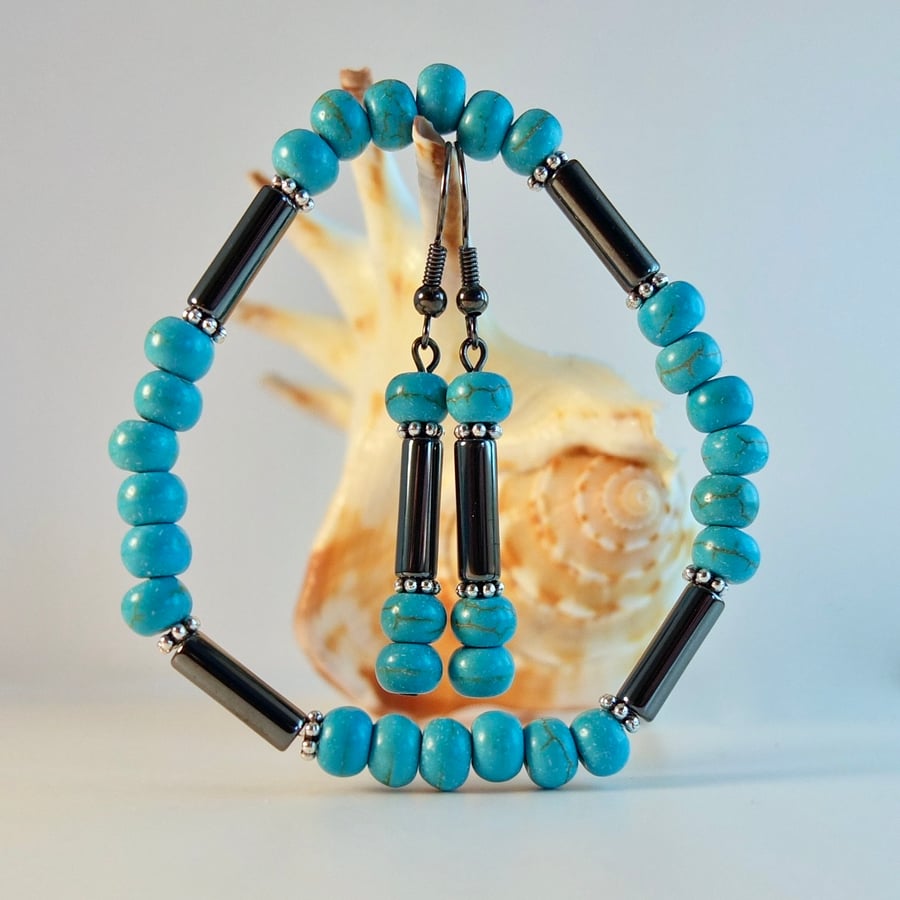 Turquoise And Hematite Bracelet And Earring Set - Handmade In Devon