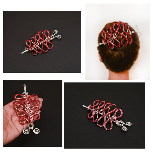 Celtic hair bun holder,Silver and red wire woven hair bun holder, 