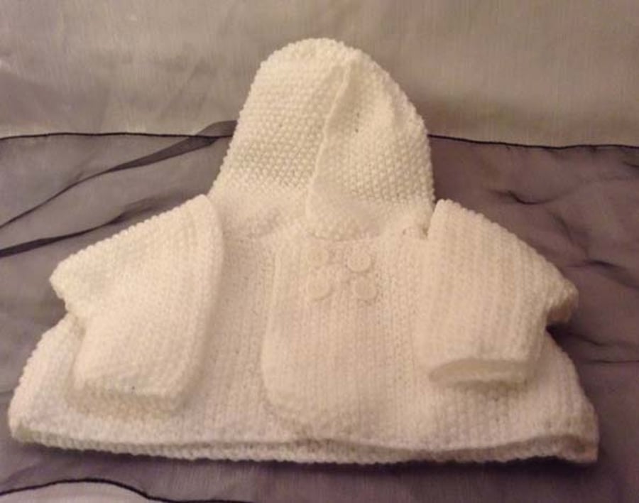 Knitted White New-Born Hooded Cardigan 
