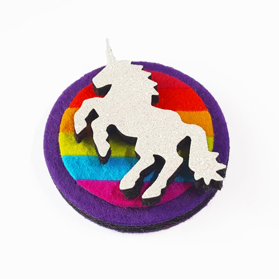 Rainbow Unicorn Felt and Glitter Brooch