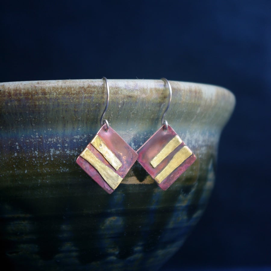  Copper and Brass Square Dangle Earrings