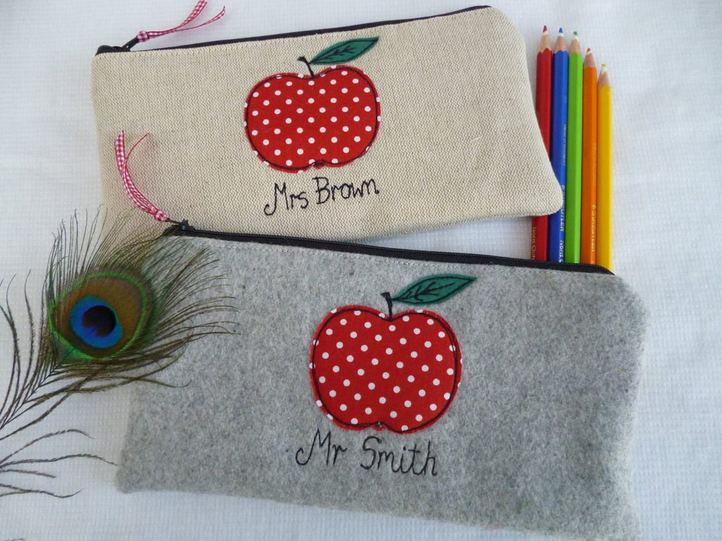 Teacher Gift Custom Pencil Case - Apple Pen Pouch with Choice of Wording