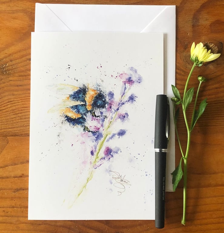 Just Bee Card, A5 blank greeting card with a watercolour bee design