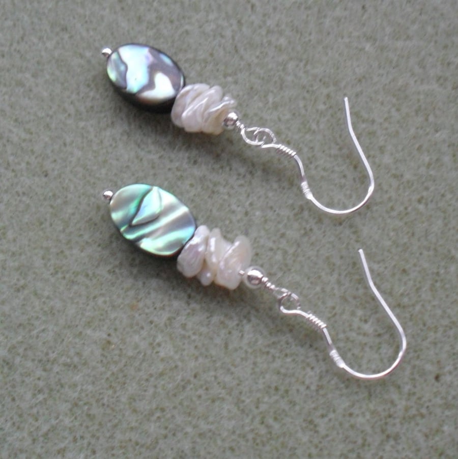 Sterling Silver Abalone and Keishi Pearl Drop Earrings