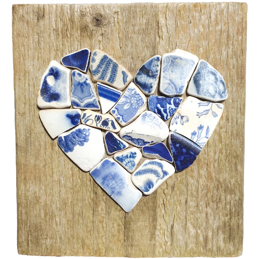 Blue Beach Willow Pottery Heart Driftwood Picture. Handmade Wooden Wall Plaque 