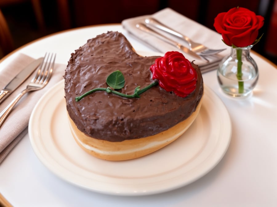 Heart-Shaped Chocolate Iced Doughnut with Red Rose Fake Food