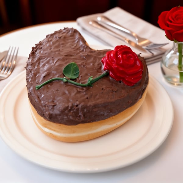 Heart-Shaped Chocolate Iced Doughnut with Red Rose Fake Food