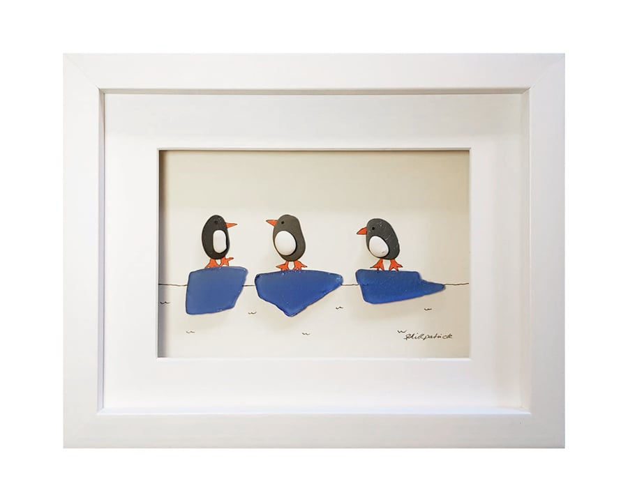 Penguins - Sea Glass & Pebble Picture - Framed Unique Handmade Art
