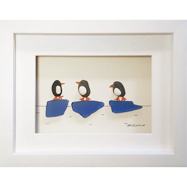 Penguins - Sea Glass & Pebble Picture - Framed Unique Handmade Art