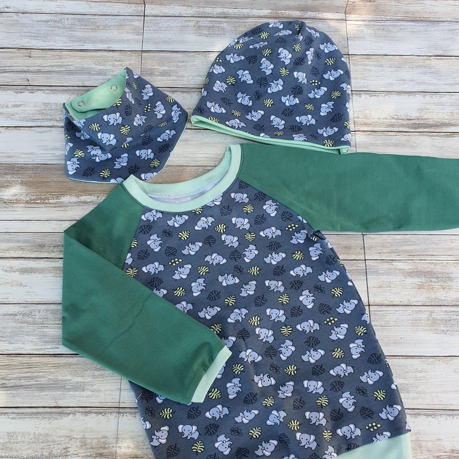 18-24 months Elephant Baby T-Shirt with bandana and beanie organic cotton
