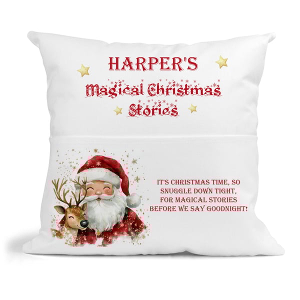 Personalised Christmas Story Book insert filled Cushion – Santa, Reindeer Design