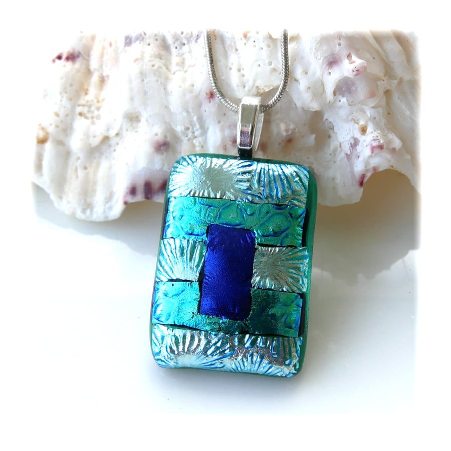 Dichroic Glass Pendant 283 Silver Teal Handmade with silver plated chain