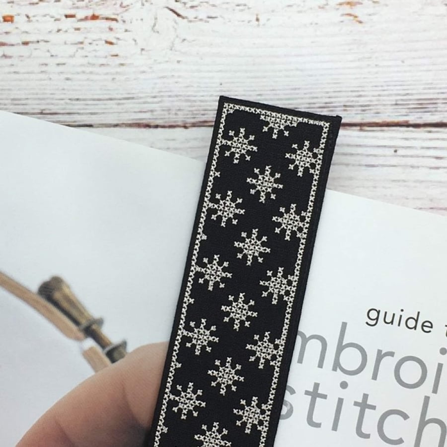 Japanese Style Linen Bookmark: Black Cross Stitch Textile Gift