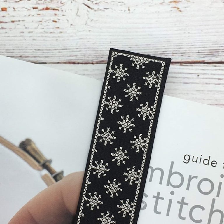 Japanese Style Linen Bookmark: Black Cross Stitch Textile Gift