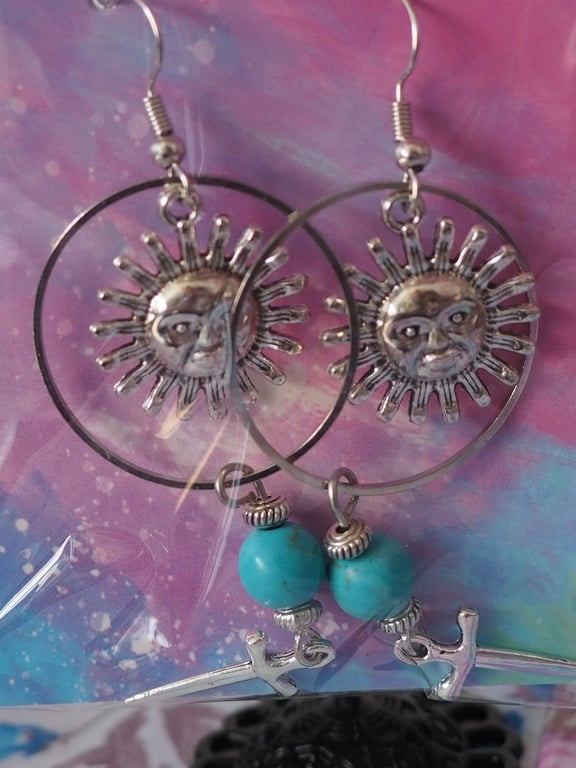 Turquoise Beaded Dangle Earrings Sun Charms