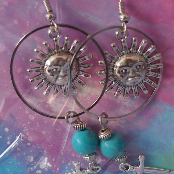 Turquoise Beaded Dangle Earrings Sun Charms