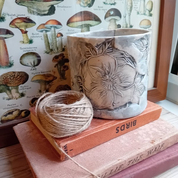 Wild rose coffee mug, handpainted ceramic pottery cup, stoneware handmade