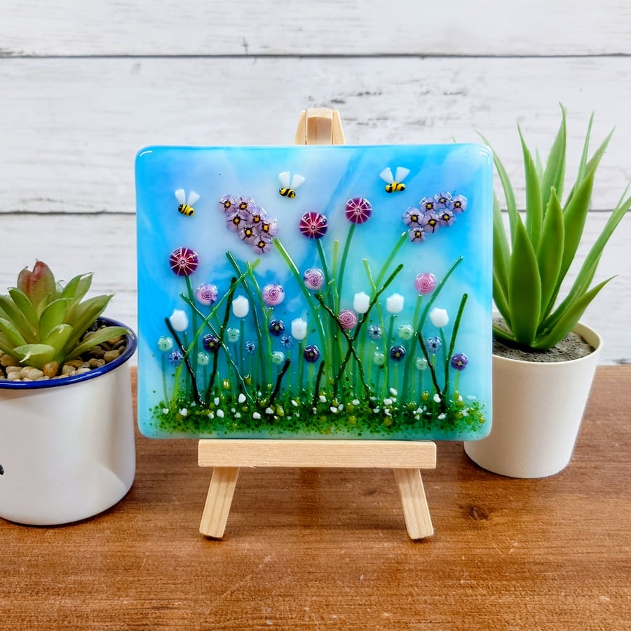 Fused Glass Flower Meadow Tile; Freestanding Floral Glass Art