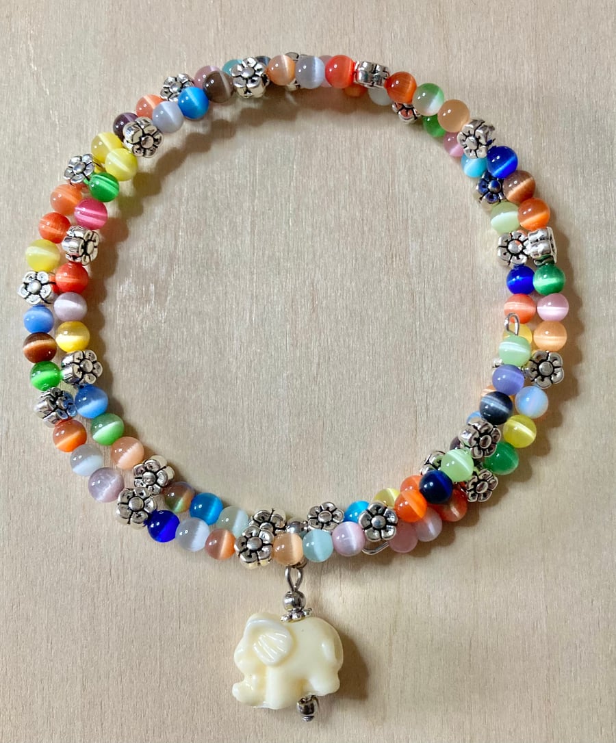 Wrap around cats eye bead bracelet with elephant charm, can be worn as a anklet