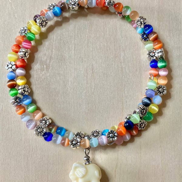 Wrap around cats eye bead bracelet with elephant charm, can be worn as a anklet