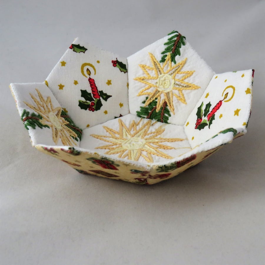 SALE - Patchwork  Christmas Bowl holly and candles from vintage linen