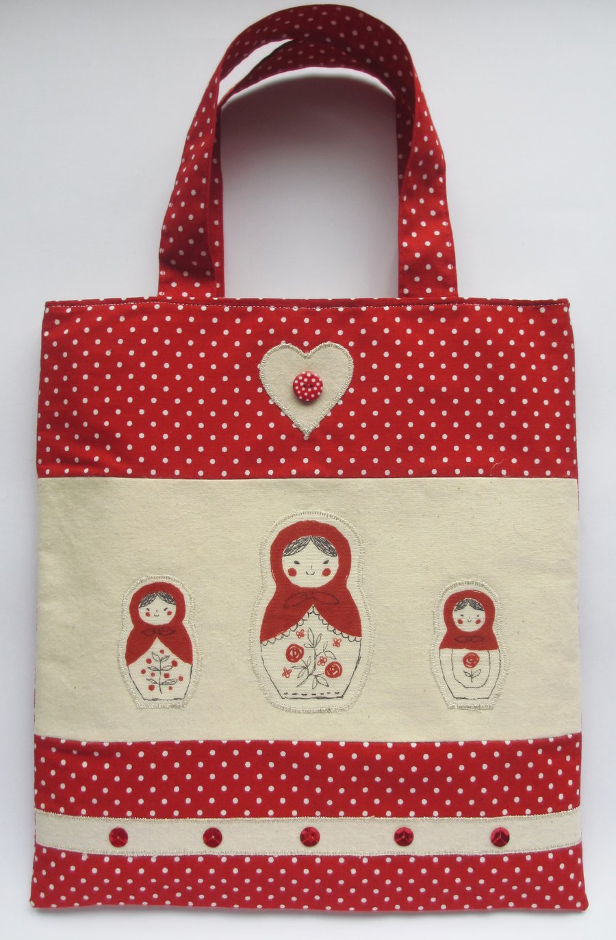 Red and Dotty Russian Doll Mini Tote Bag. Tiny Tote Bag. Kid's Tote. Girl's Tote