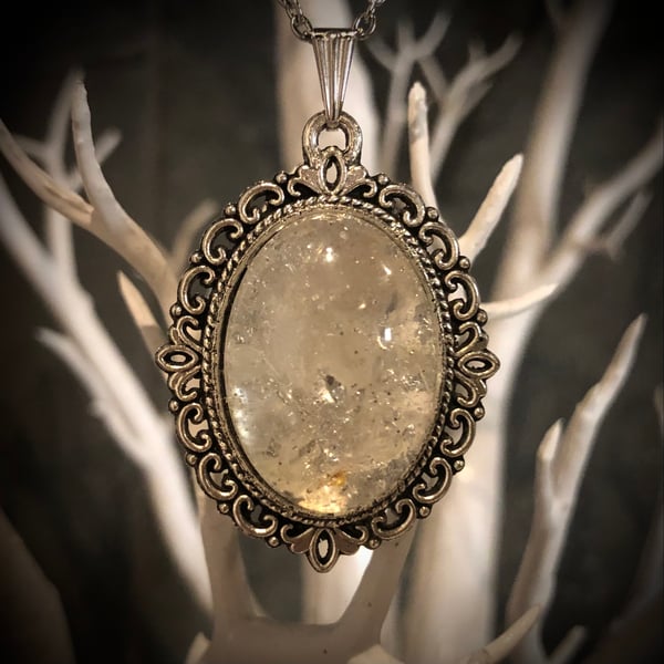 Crystal Energy Oval Pendant with Clear Quartz crystals (vintage design)