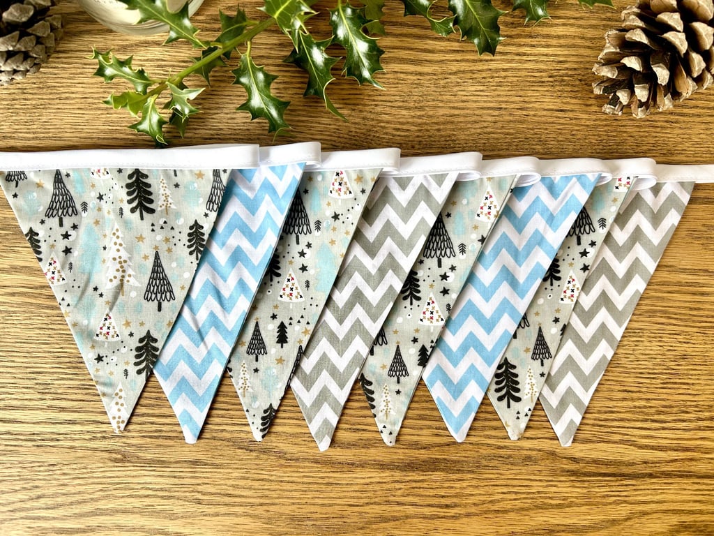 Handmade Grey, White & Blue Christmas Tree Bunting - Handmade Fabric Garland