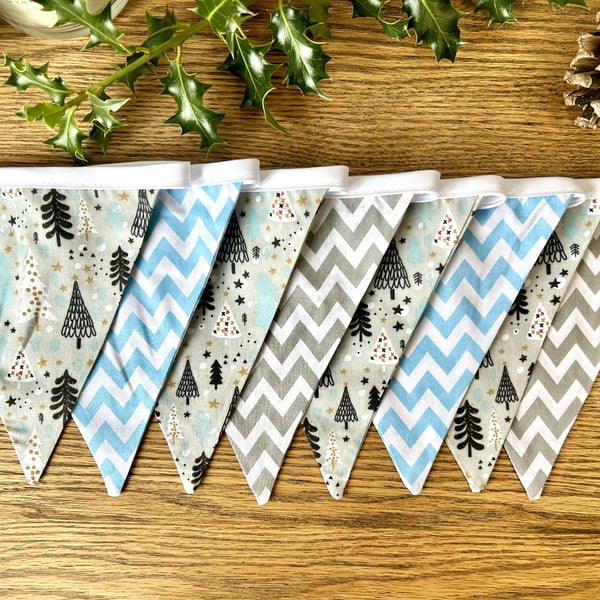 Handmade Grey, White & Blue Christmas Tree Bunting - Handmade Fabric Garland