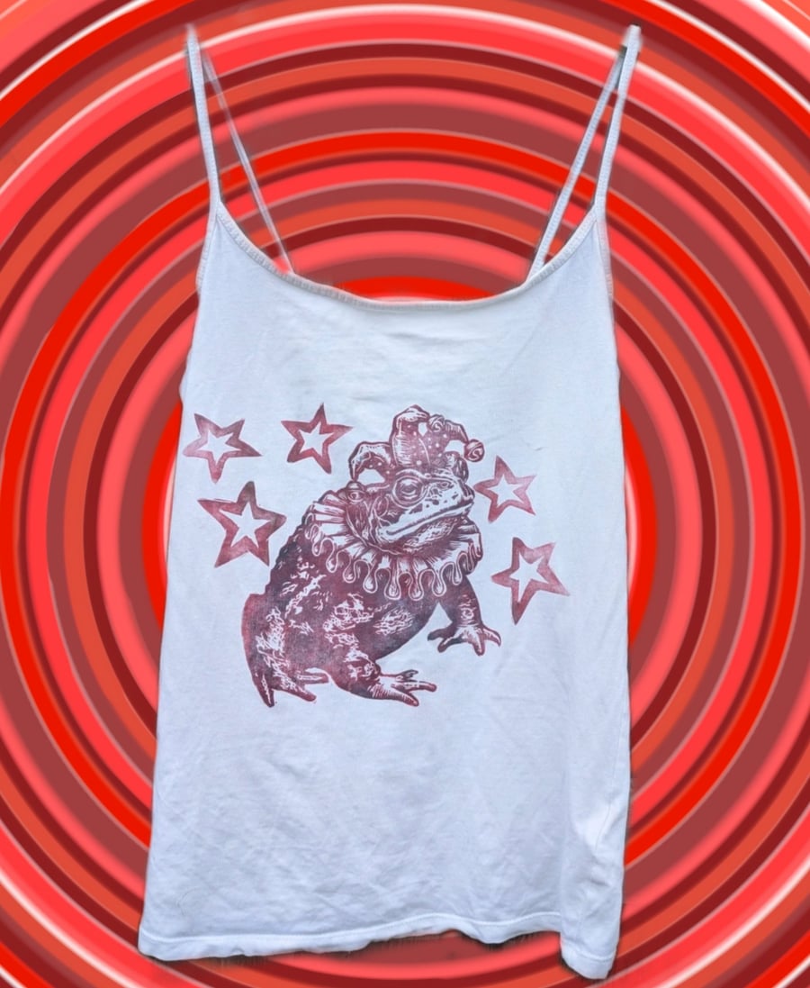 upcycled lino print unique jester toad vest top sized XS