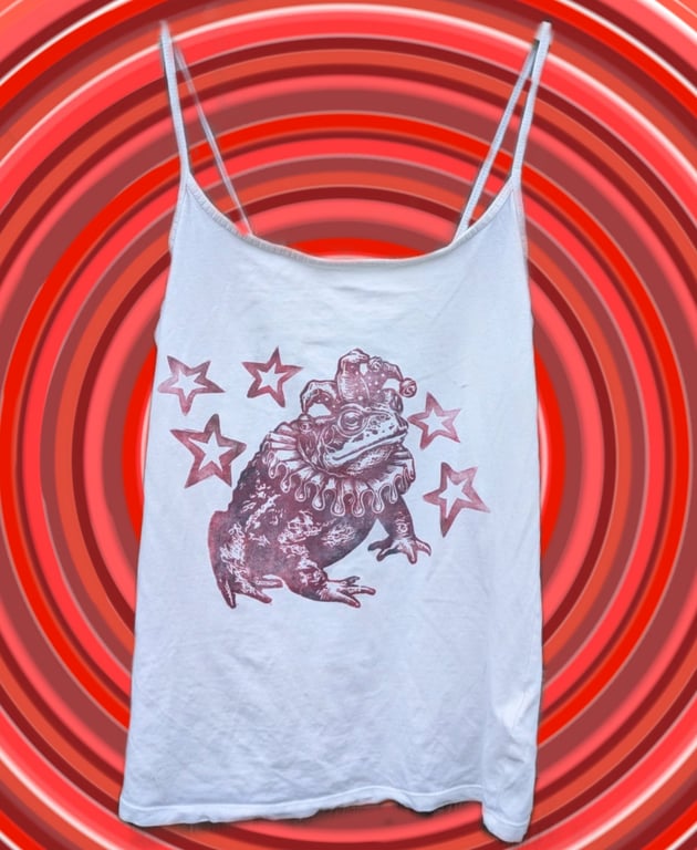 upcycled lino print unique jester toad vest top sized XS