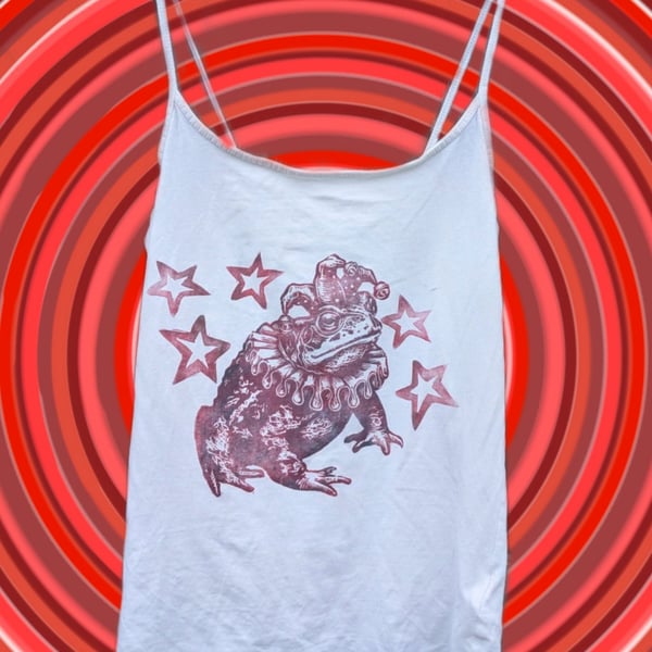 upcycled lino print unique jester toad vest top sized XS