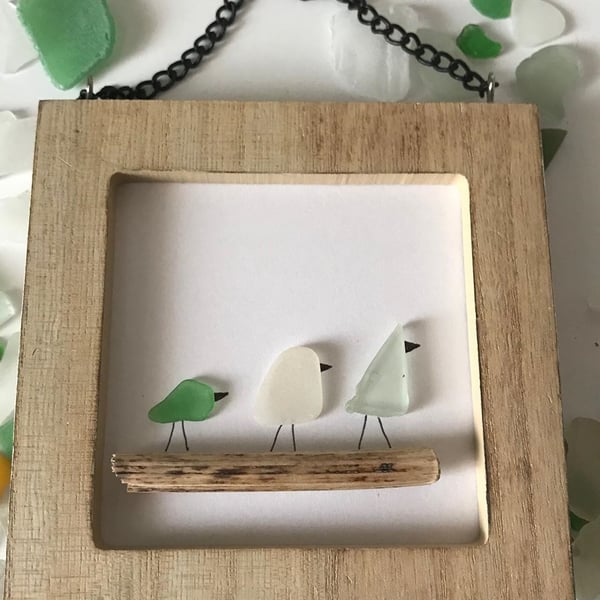 Sea Glass Birds on Driftwood Picture