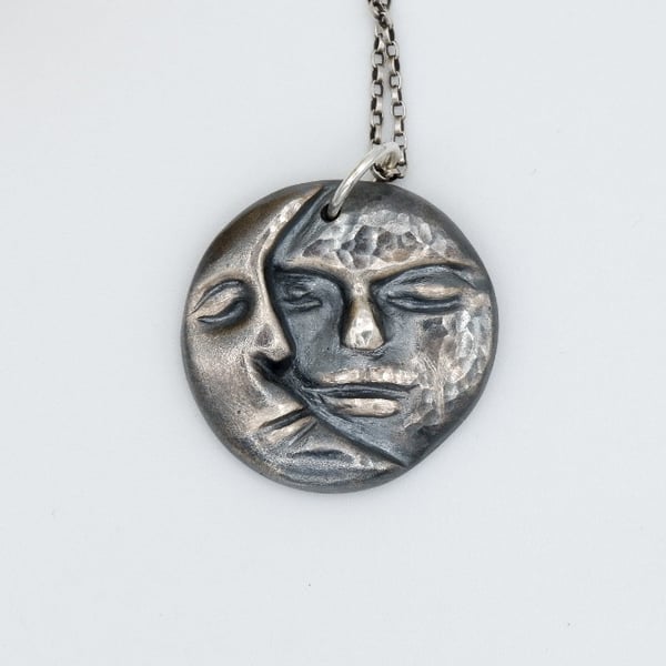Celestial Solid Fine Recycled Silver Sleepy Crescent Moon Face Necklace 