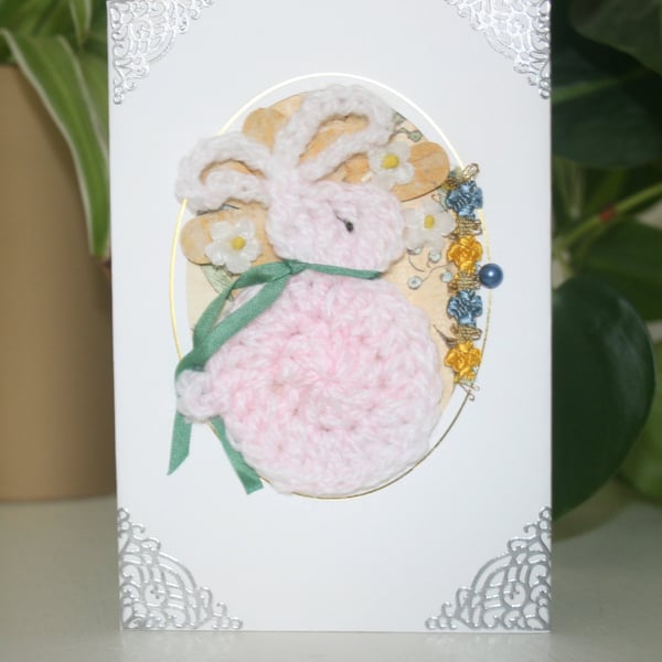 Pretty Rabbit Aperture Card  -  Cosy Crochet Rabbit Card -  Treasured Keepsake