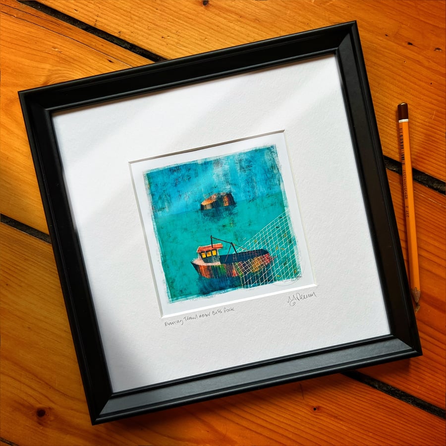 Evening Trawl near Bass Rock, Size 1, framed.