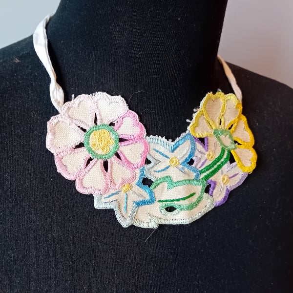Embroidered Flower Necklace - Multiple Flowers
