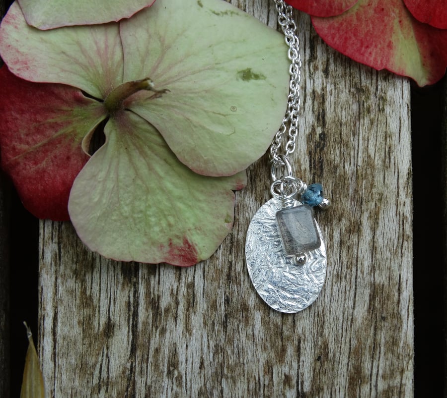 CLEARANCE Eco Silver tiny tag pendant with labradorite and aquamarine