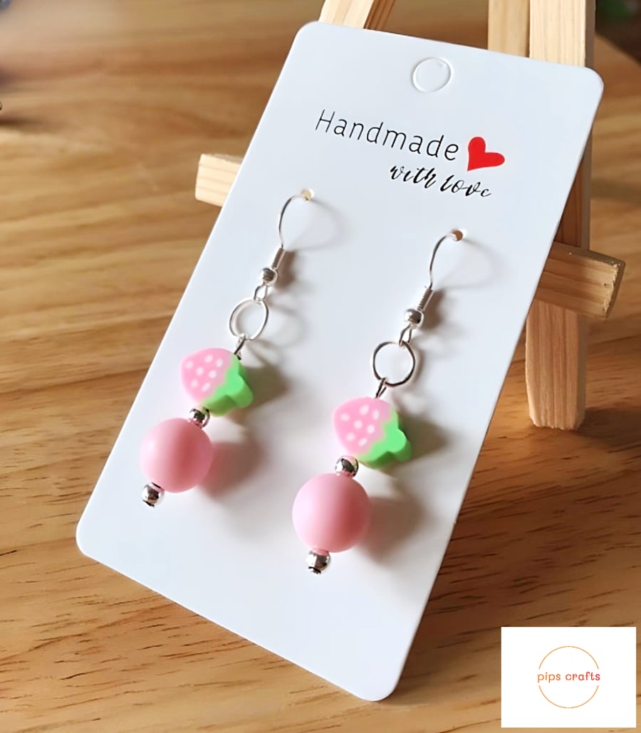 Tutti Frutti Bead Earrings Pink Strawberries 925 Silver Hooks, Quirky Jewellery 