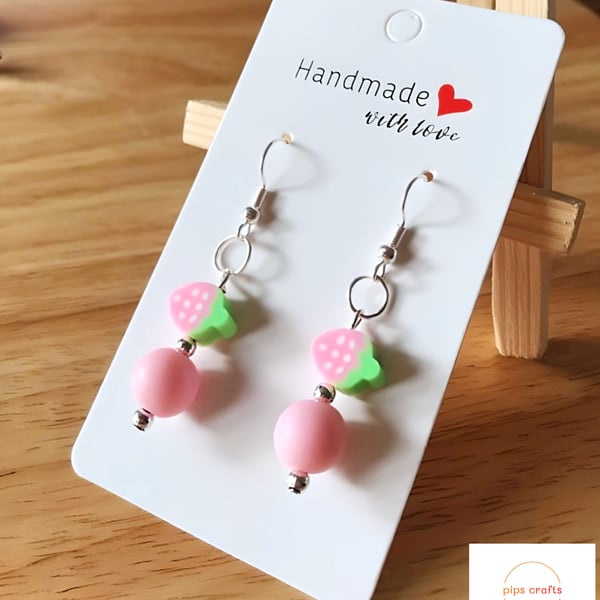 Tutti Frutti Bead Earrings Pink Strawberries 925 Silver Hooks, Quirky Jewellery 