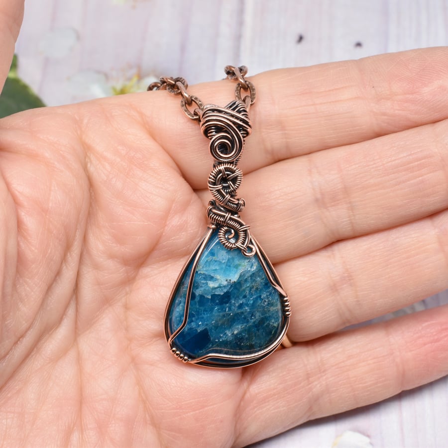 Wire Wrapped Neon Apatite and Copper Unisex Pendant