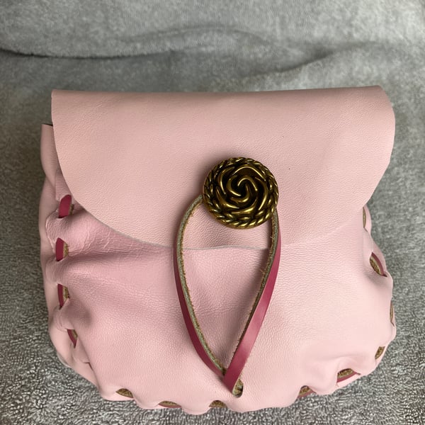 Light Pink coloured Leather Medieval - Style Pouch - FREE SHIPPING