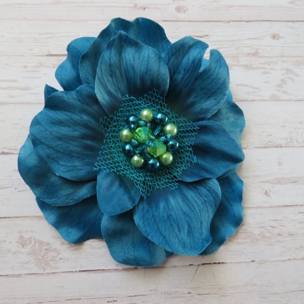 Teal Turquoise Poppy & Crystal Beaded Hair Flower Clip