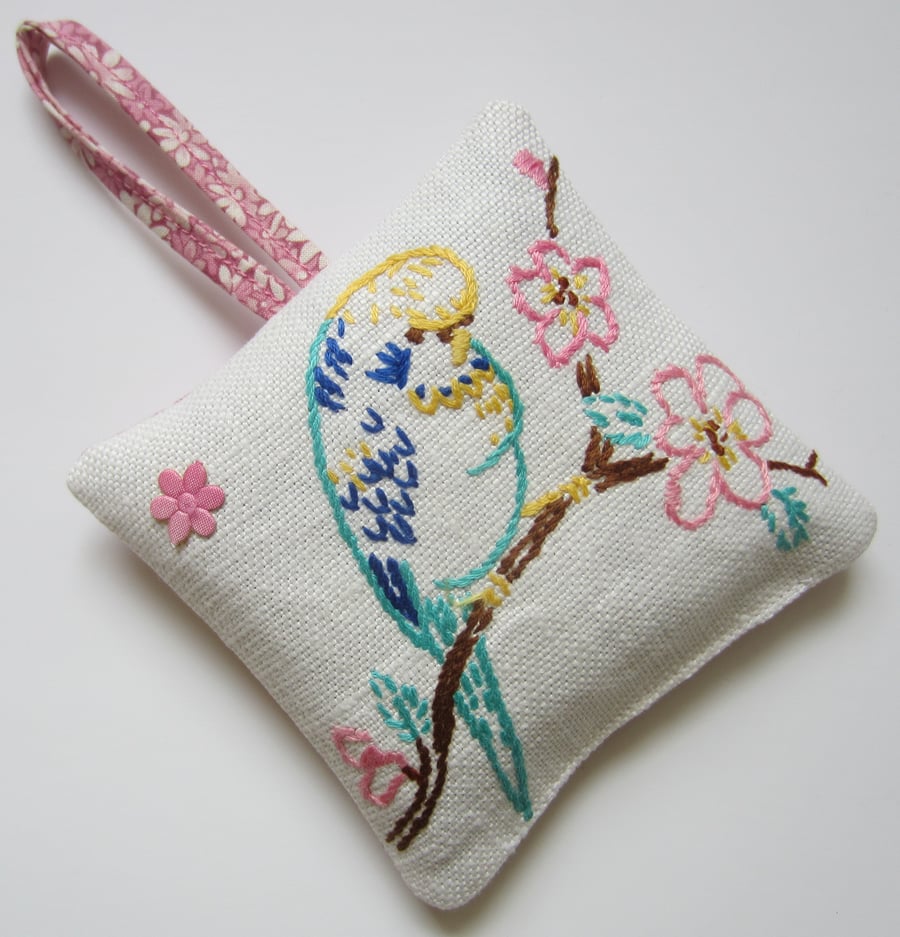 Vintage Embroidered Budgerigar Lavender Bag