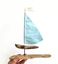 Blue and white driftwood sailboat ornament, nautical map sail